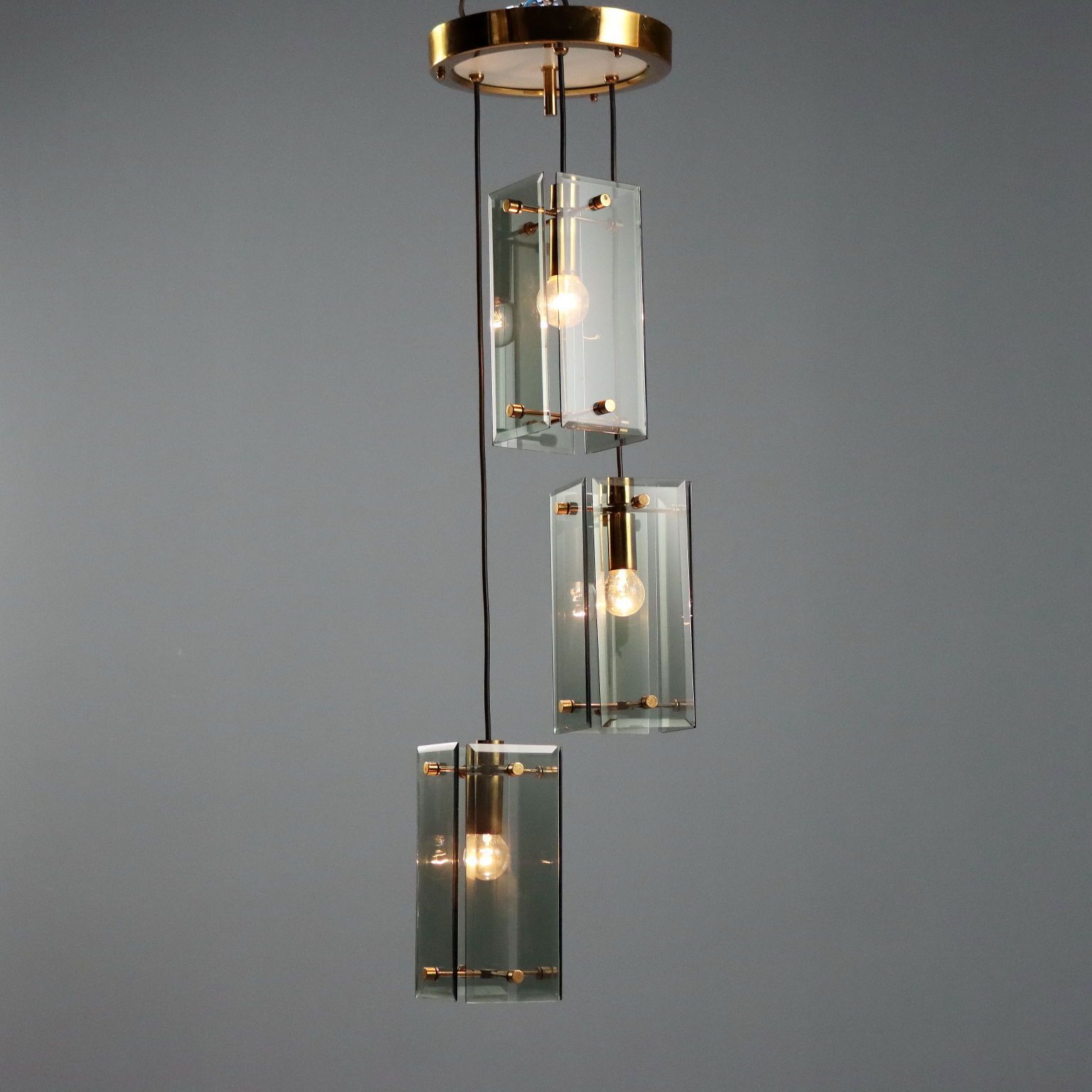 Vintage plafondlamp, messing, glas, design, Italië, jaren 1960