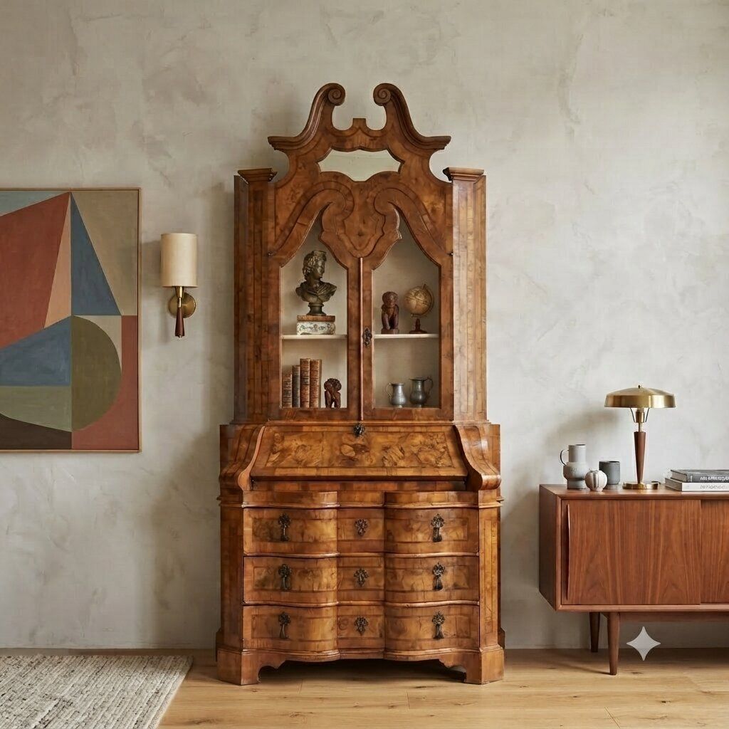 Trumeau d'époque en noyer et loupe de noyer, verre et bronze, XXe siècle photo furniture