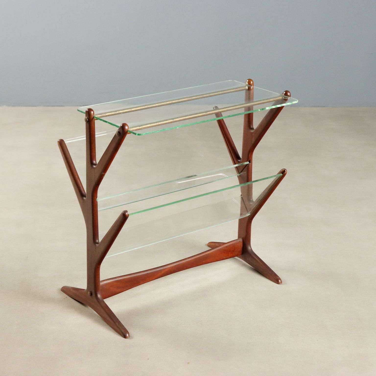 Vintage Magazine Rack Beech Glass Brass Design Italy 1950s