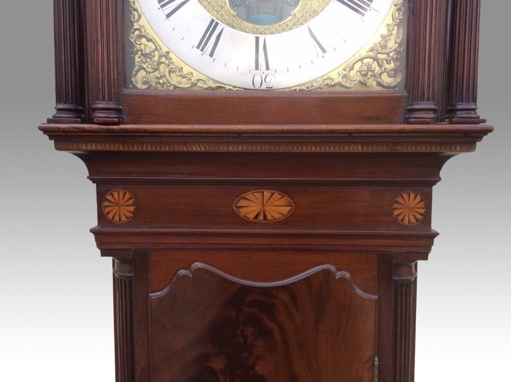 Inlaid Mahogany 18th Century Antique Longcase Grandfather Clock By Iames Richards Liverpool Featuring An Alarm And Ferguson Tidal Dial photo vinterior
