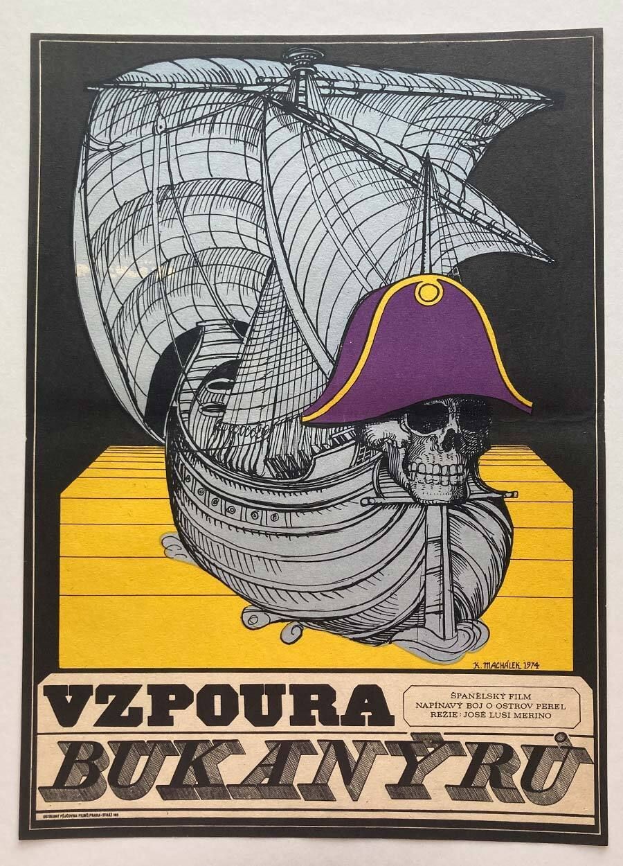 Affiche de cinéma vintage, Pirates Of Blood Island, Karel Machálek, 1974, design tchèque d'époque