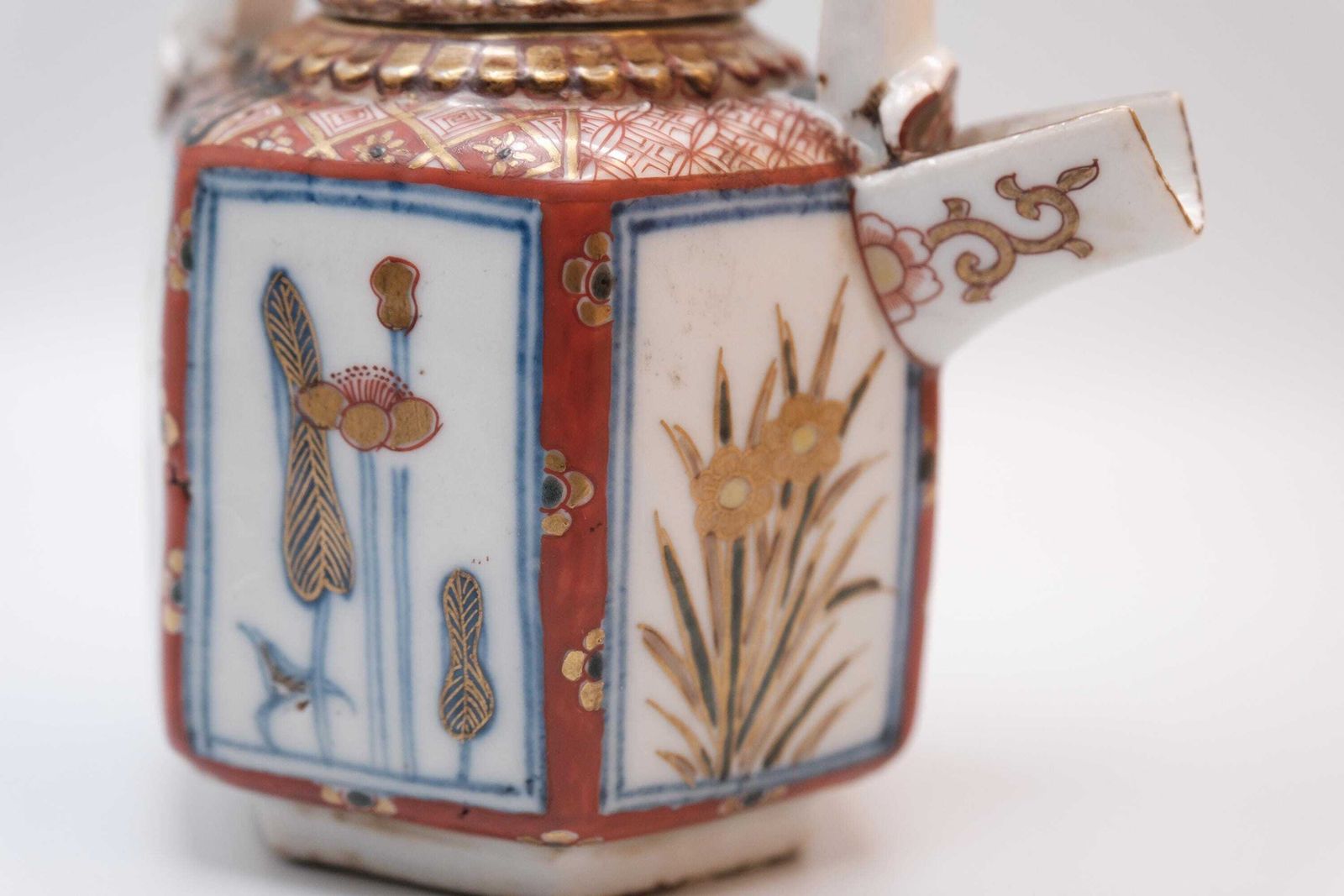 Antique Japanese Imari Porcelain Teapot, Hexagonal Form In The Arita Export Tradition, With A Fixed Overhead Porcelain Handle. photo Home Decor
