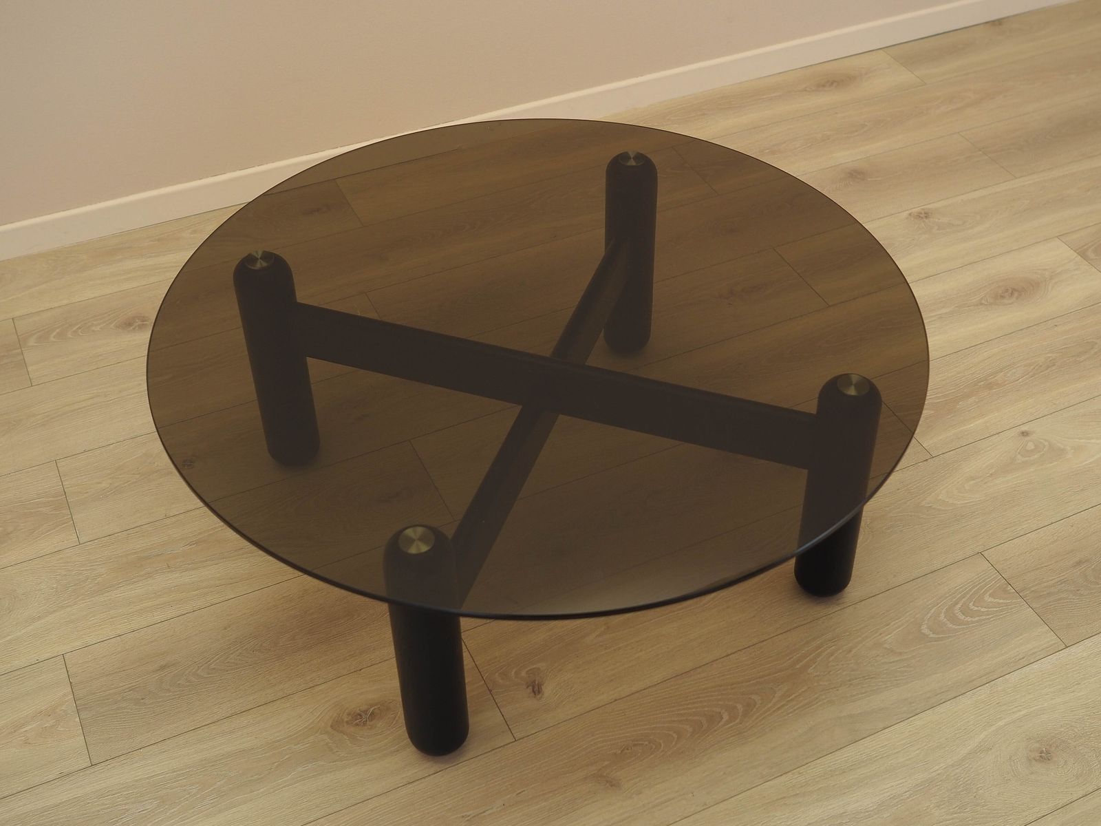 Italian Smoked Glass Coffee Table On Wooden Base, 1990s photo vintage