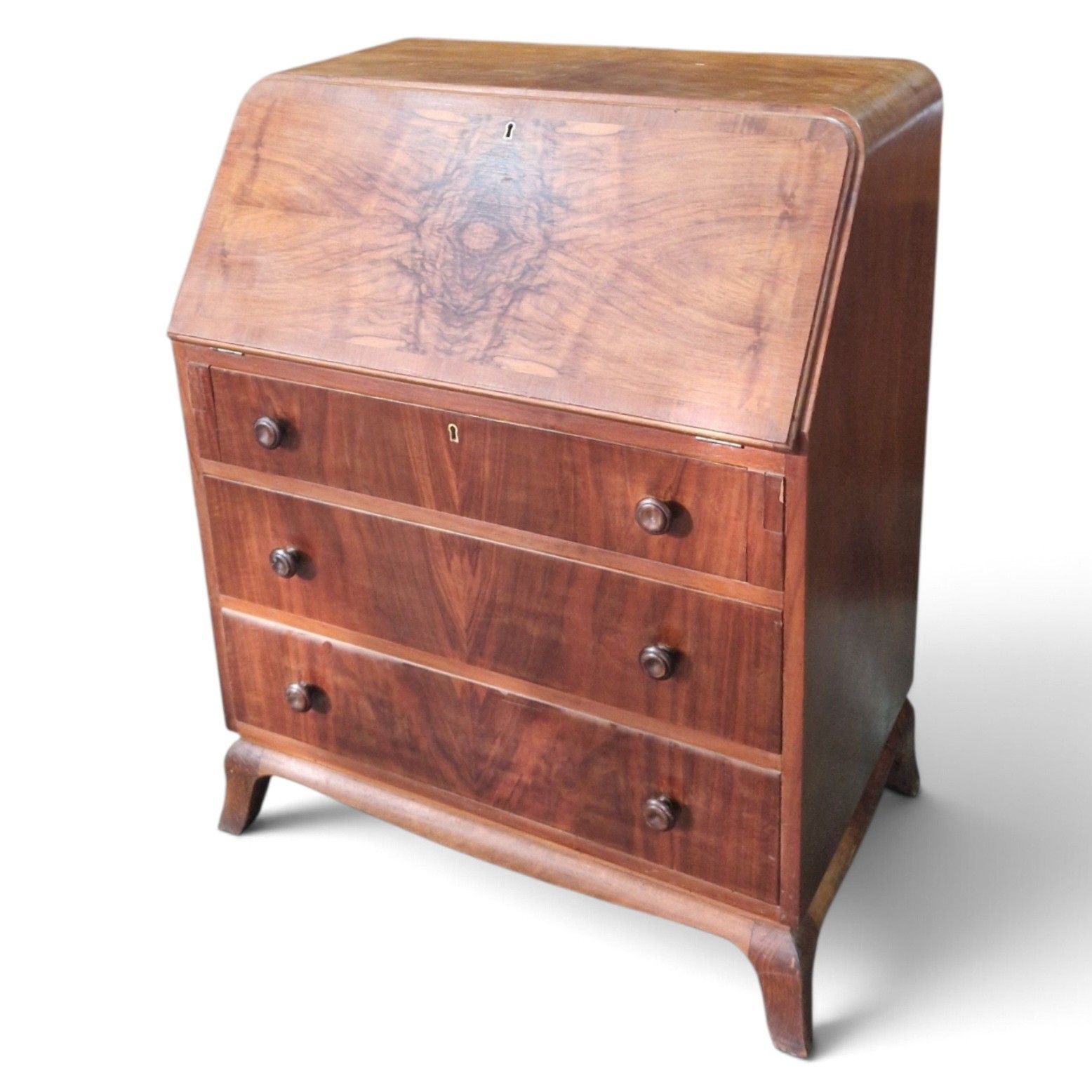 Vintage Walnut Bureau Writing Desk Fall Front Chest Drawers Home Office Cabriole photo vinterior