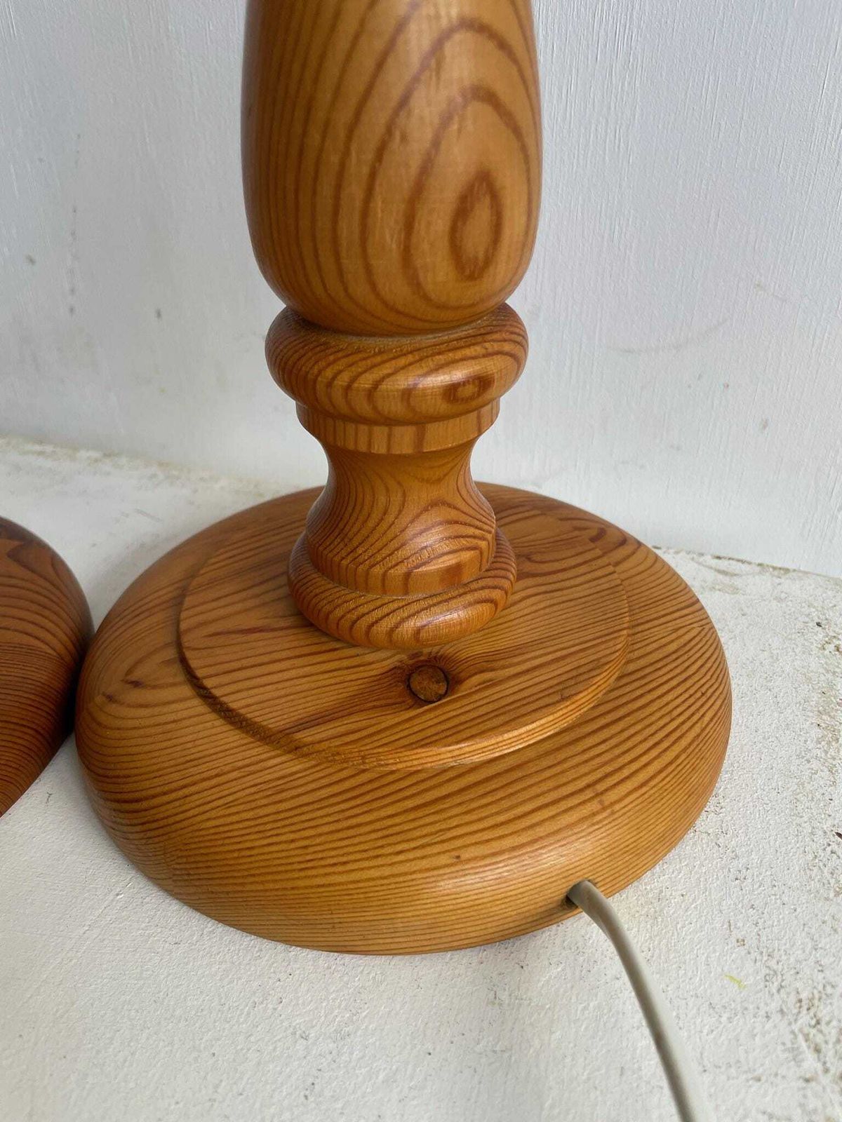 Vintage Pair Of 80s Pine Turned Wood Table Lamps photo for sale