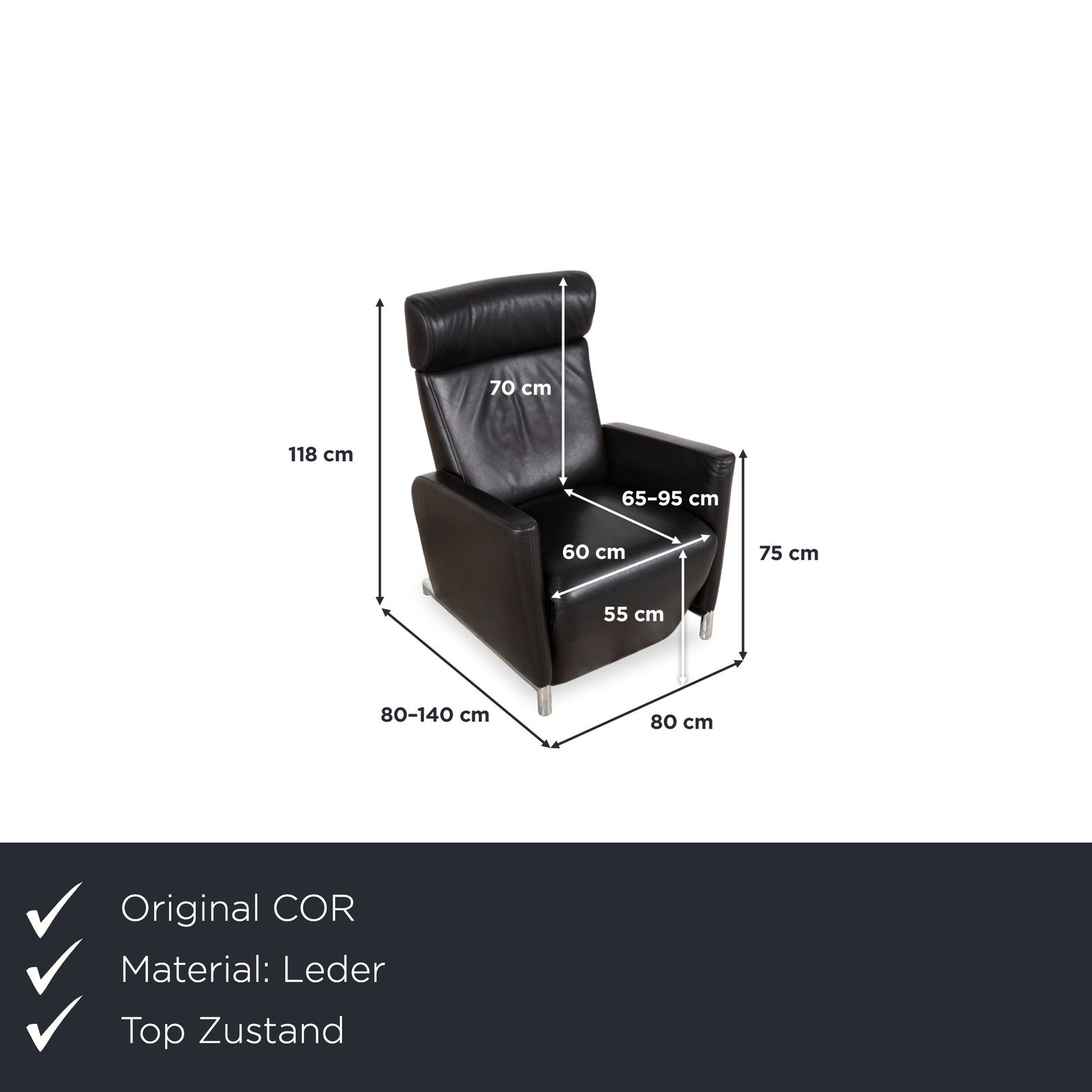 Fauteuil Cor Bico en cuir noir, fonctions électrique et manuelle photo furniture