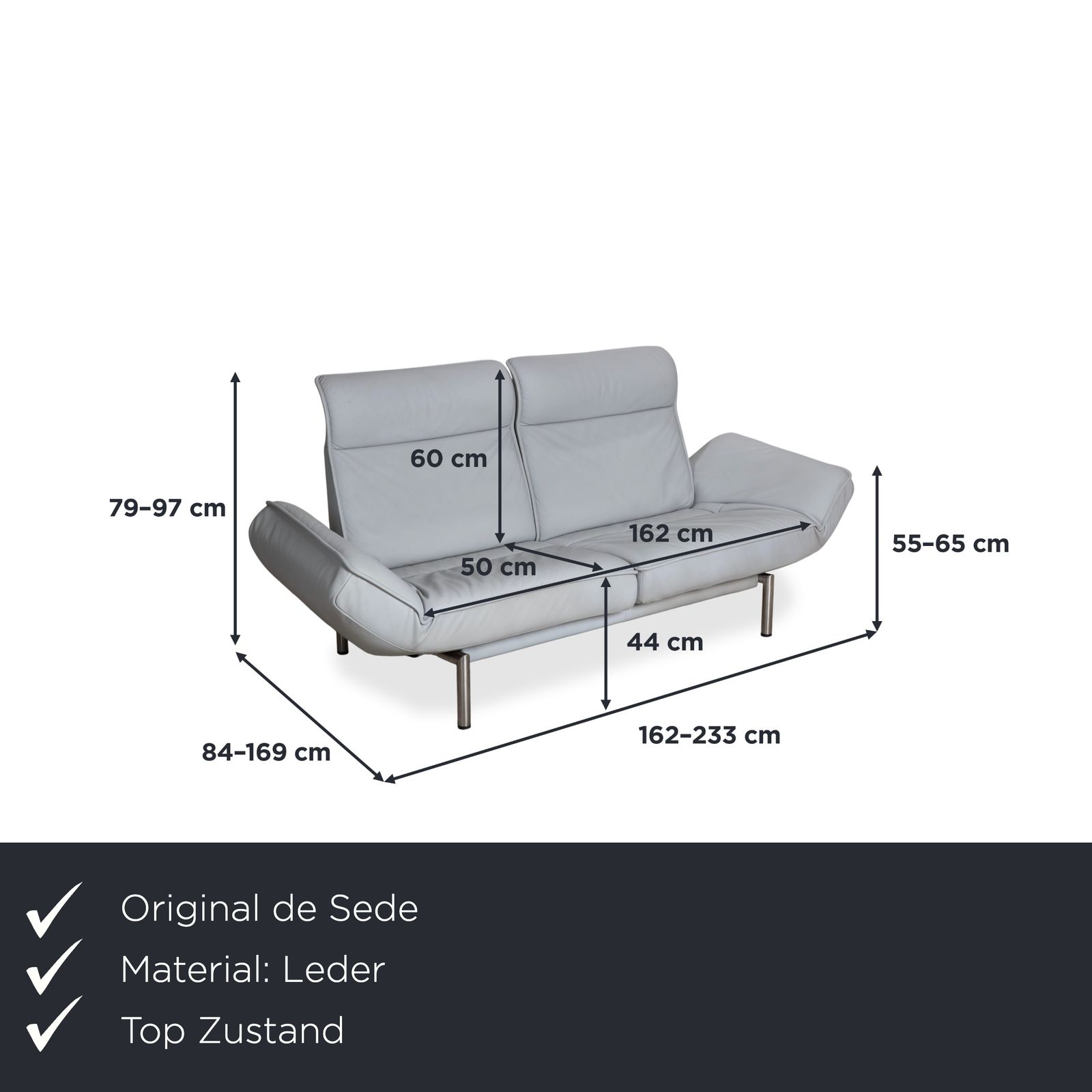 Canapé 2 places De Sede DS 450 en cuir bleu clair, bleu glacier et gris, à mécanisme manuel photo furniture