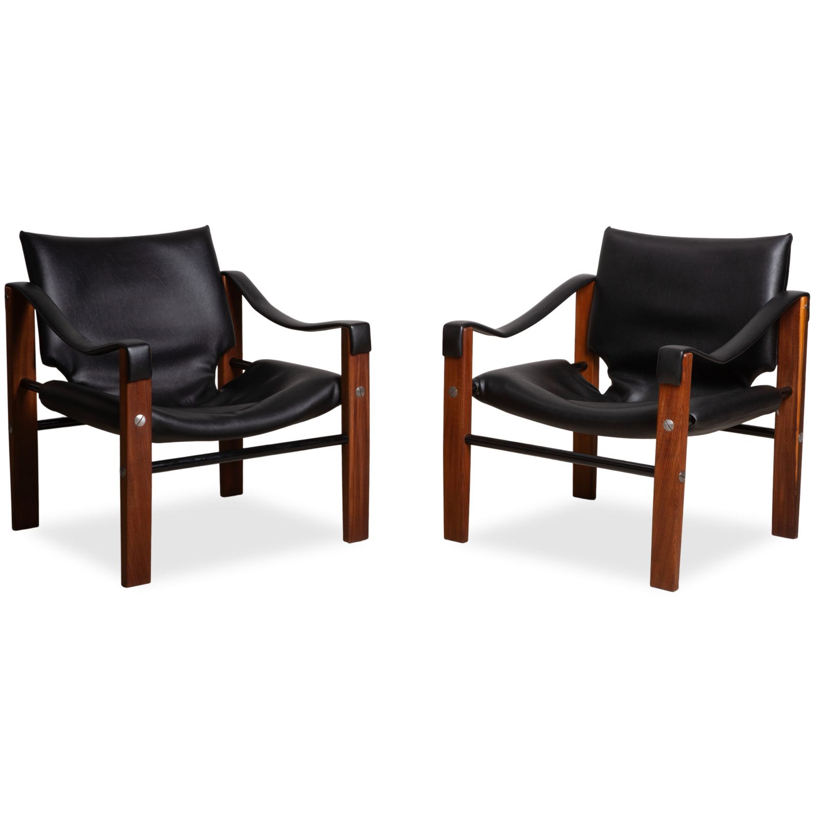 Arkana Safari Set Leather Wood 2x Armchairs Black By Maurice Burke Vintage