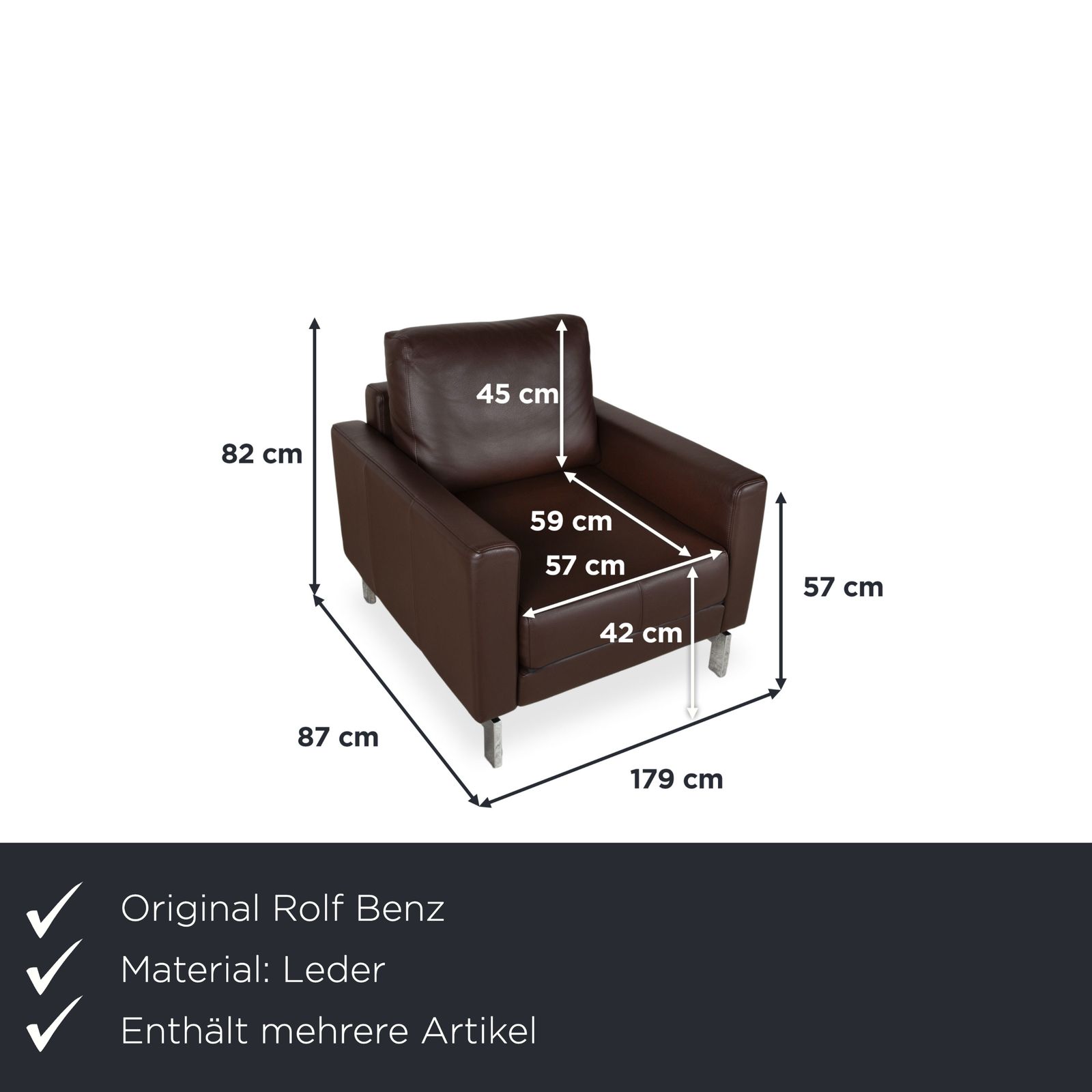 Ensemble Rolf Benz Vida en cuir, canapé deux places et fauteuil, marron, chrome photo for sale