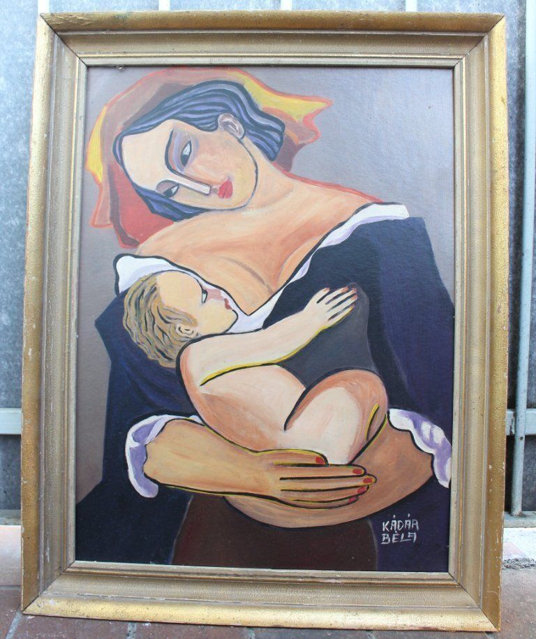 Ca. jaren 1960, Béla Kádár (toegeschreven aan) - Modernistische figuratieve compositie, Madonna met kind photo 765.0