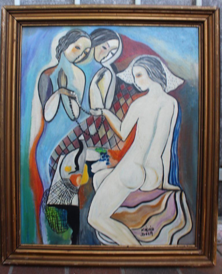 Modernist Hungarian Style Oil Painting Three Graces Homage To Béla Kádár photo vinterior