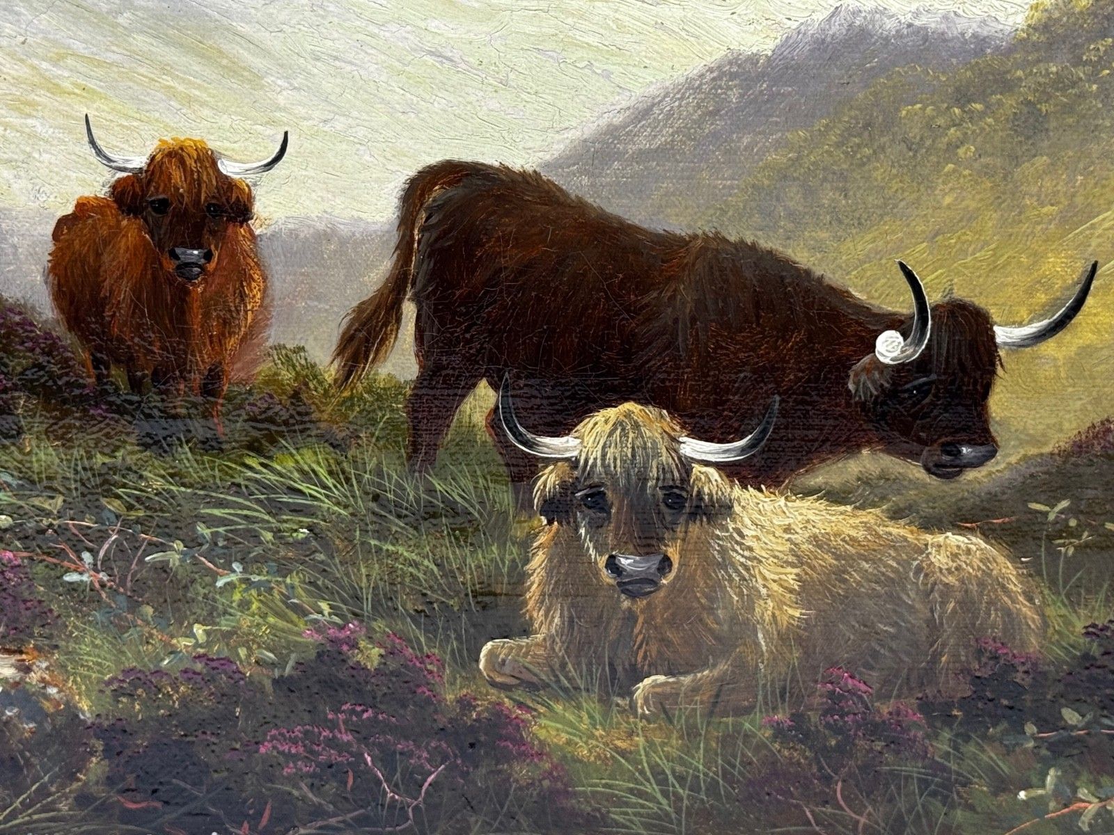 Landschapsschilderij in olieverf Ben Lawers First Light Mist Highland Cattle Beside Loch Tay ca. 1880 photo buy