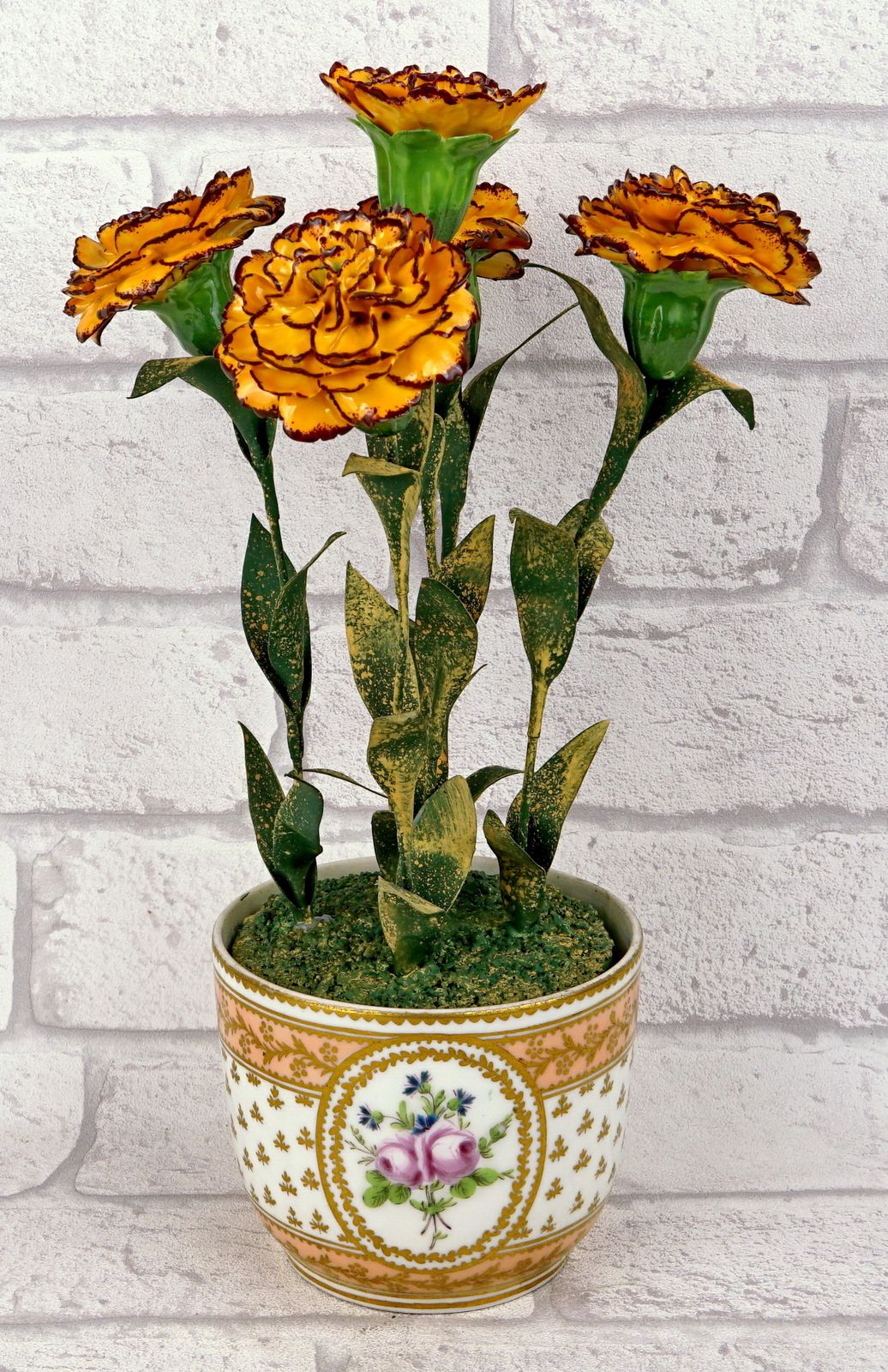 Bouquet Of French Marigolds By Didier Gardillou – Contempory – 18th Century Paris Porcelain Pot – à La Reine Manufactory photo for sale