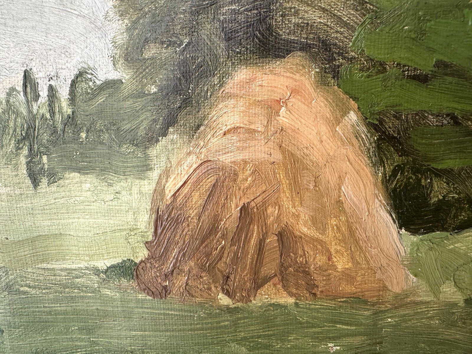 Antiek Frans olieschilderij op doek "The Haystacks" 1902, gesigneerd landschap van Gaëtan Dumas photo vinterior