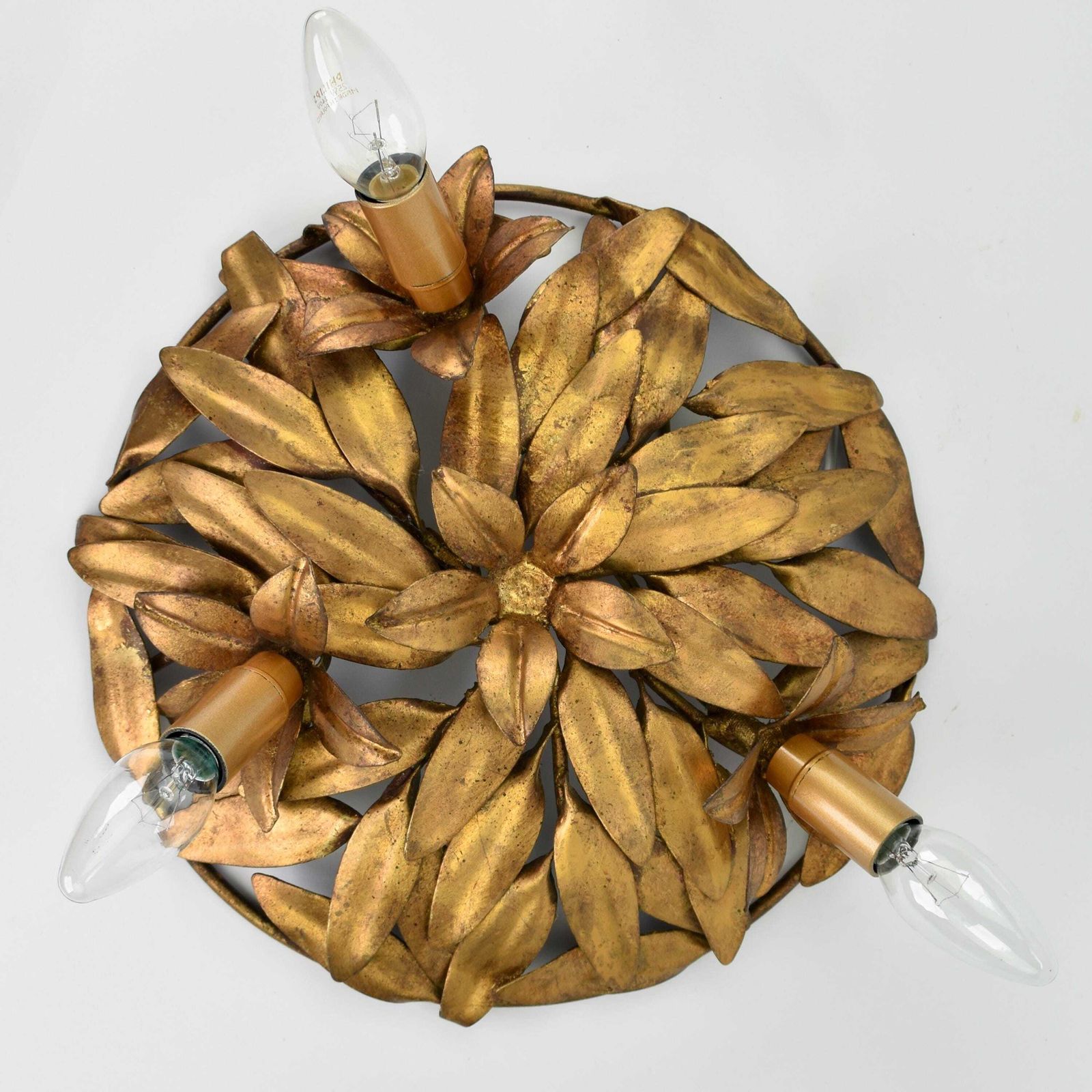 Mid Century Italian Flush Mount Flower Leafs | Vintage Toleware Ceiling Light Fixture Gold Gilded Florentine Lamp Hollywood Regency 1950s photo furniture