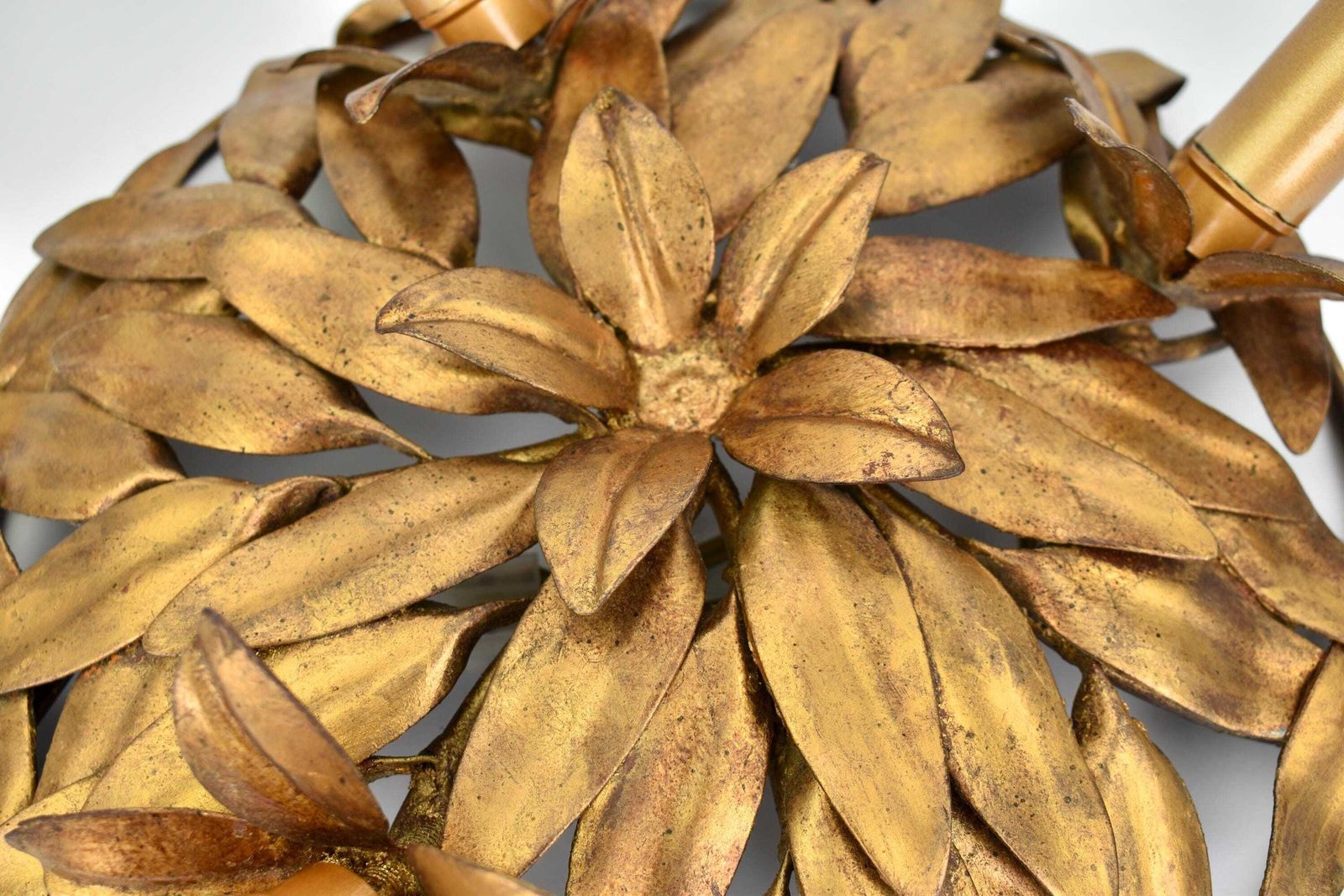 Mid Century Italian Flush Mount Flower Leafs | Vintage Toleware Ceiling Light Fixture Gold Gilded Florentine Lamp Hollywood Regency 1950s photo 282.0