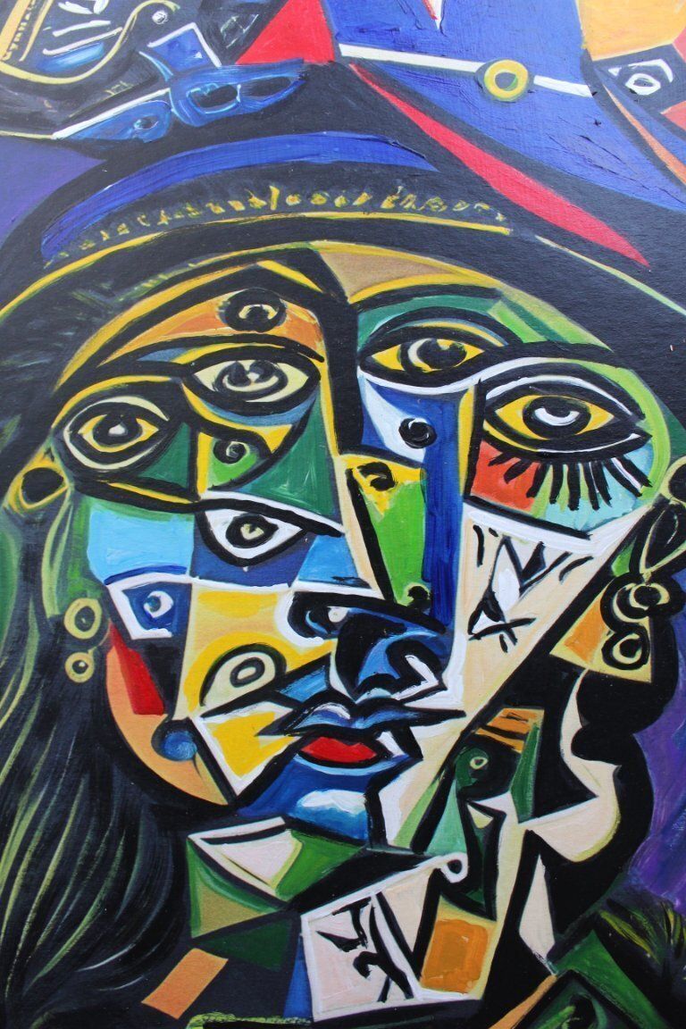 Contemporary Cubist Style Figurative Acrylic Modernistic Painting After Pablo Picasso, Circa 1980 photo furniture