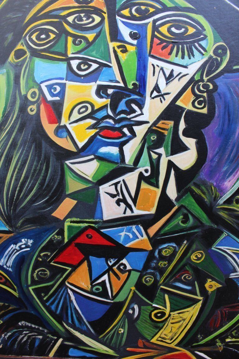 Contemporary Cubist Style Figurative Acrylic Modernistic Painting After Pablo Picasso, Circa 1980 photo Art