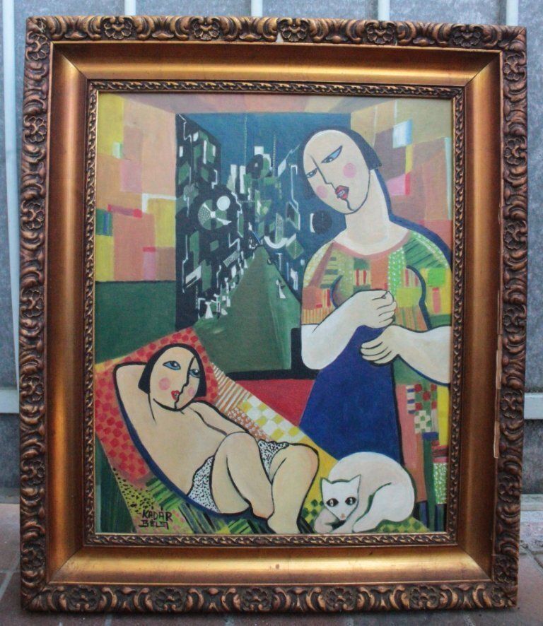 1960s Béla Kádár (Attr.) Modernist Figural Composition Nude And Cat photo vinterior
