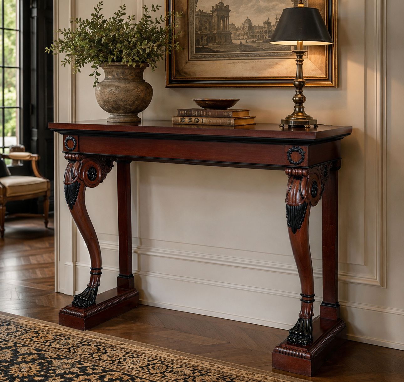 Console d'époque néoclassique en acajou, pieds en patte sculptés et détails ébonisés photo furniture