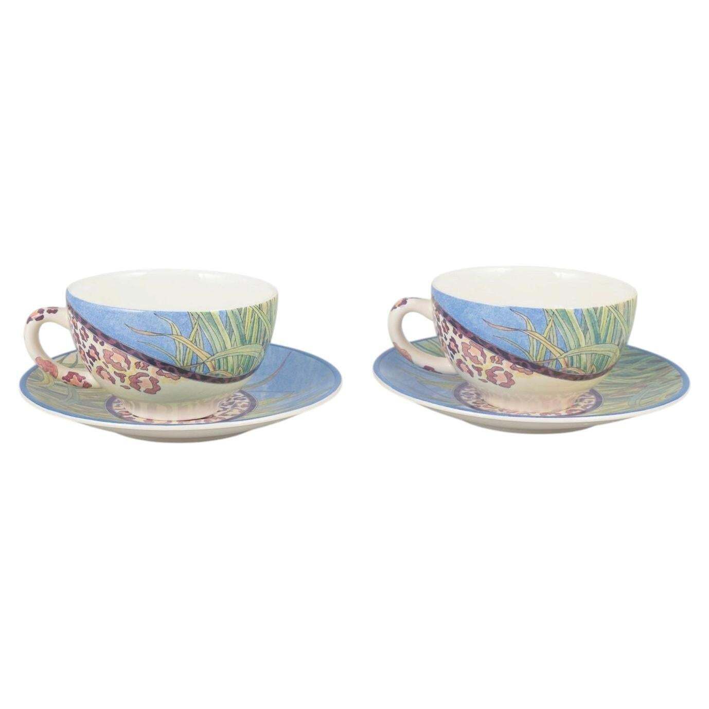 Gien, "Savane". Pair Of Large Morning Cups With Matching Saucers.