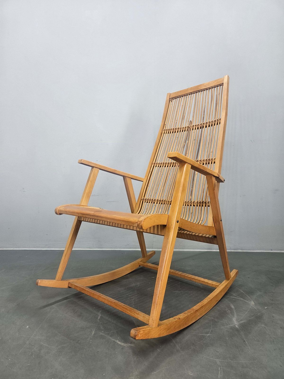 Rare Midcentury Wood And Rattan Rocking Chair, Denmark, 1960s photo Furniture