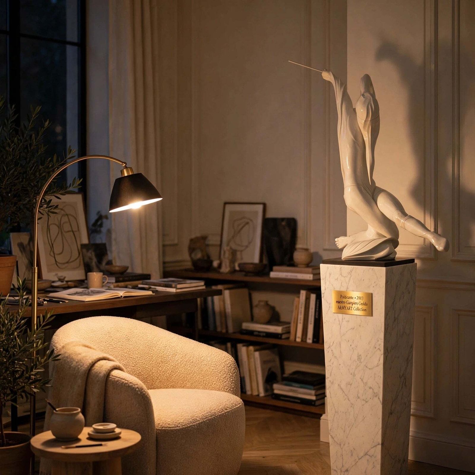 Pietro Ceoldo "Politicante," Italiaans hedendaags sculptuur in wit gelakt hout photo vinterior
