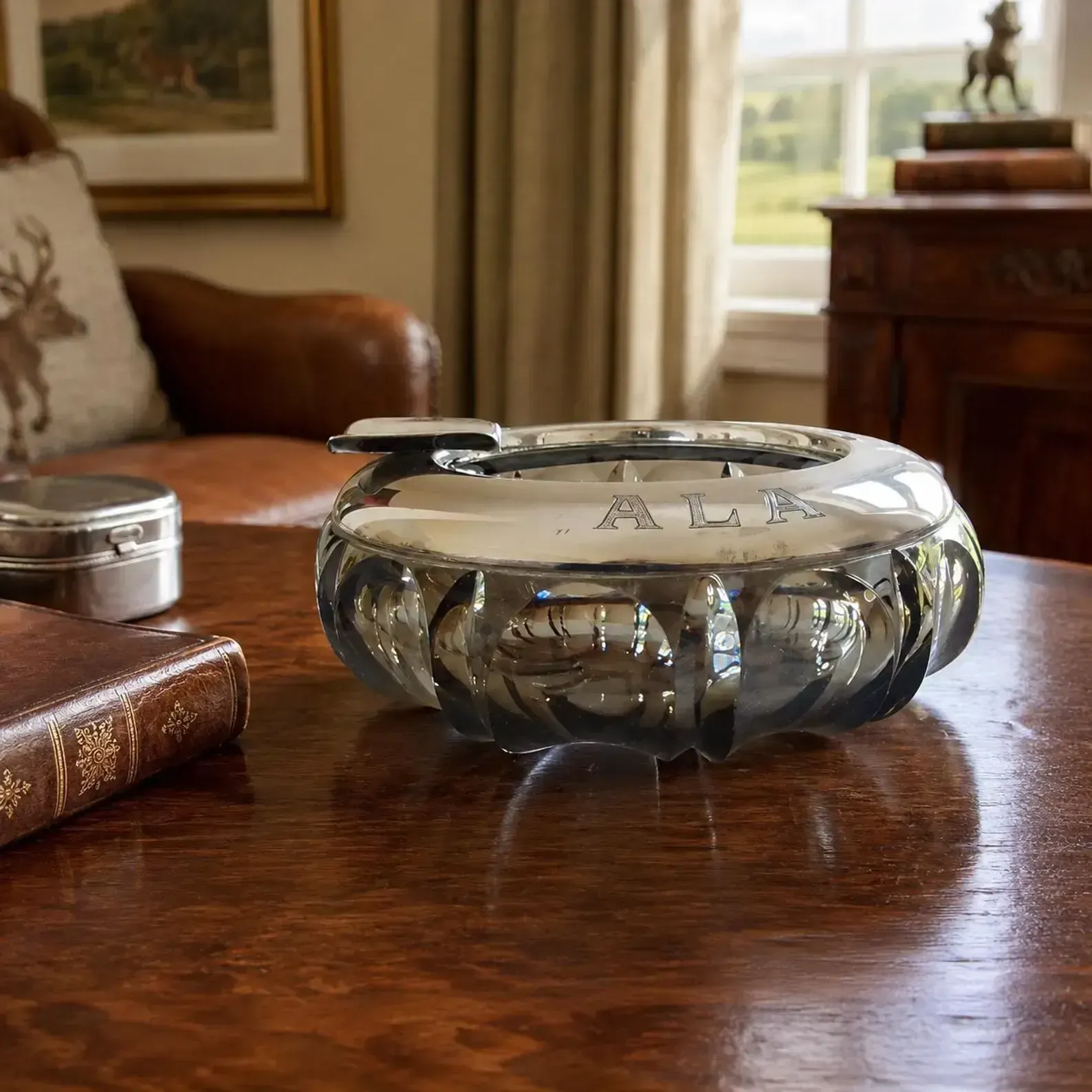 Rare Hermann Bauer German Silver Mounted Smoked Glass Cigar Ashtray, 1938–40, Hallmarked 800 Silver, Hb   St. Hubertus Lodge Presentation
