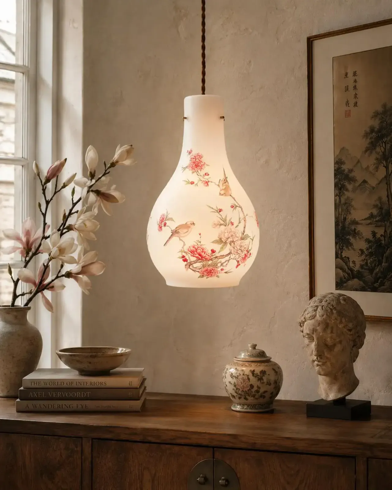 Vintage Famille Rose Opaque Satin Glass Pendant Lightshade   Peonies And Birds Chinese Art Design   Bottle Vase Shaped Ceiling Light Shade