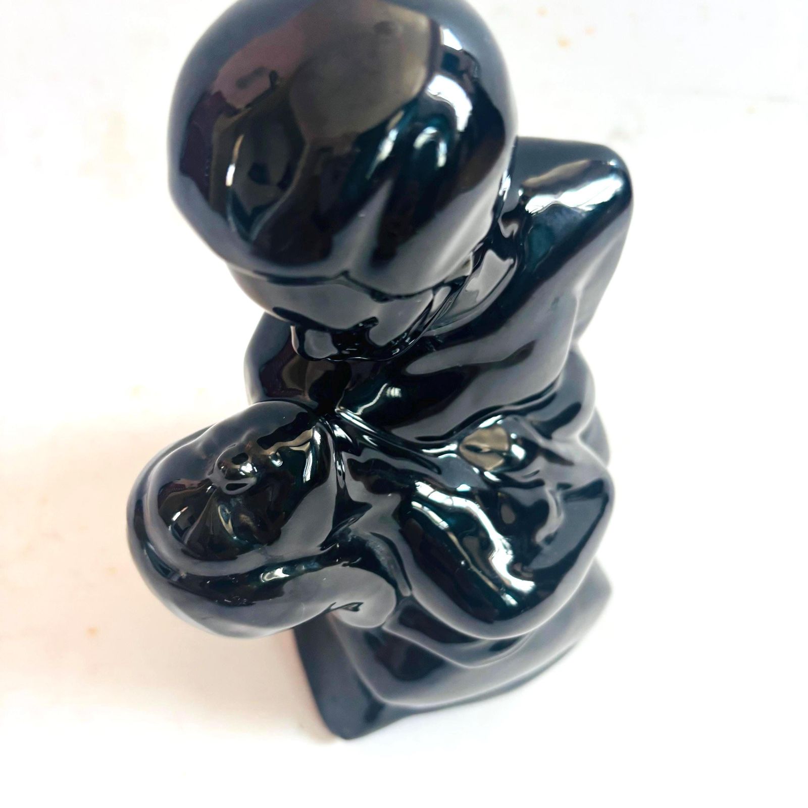Mid Century Modern High Gloss Black Ceramic Abstract Embracing Figures Sculpture Vintage Haeger Style Statue Postmodern Art Deco Revival