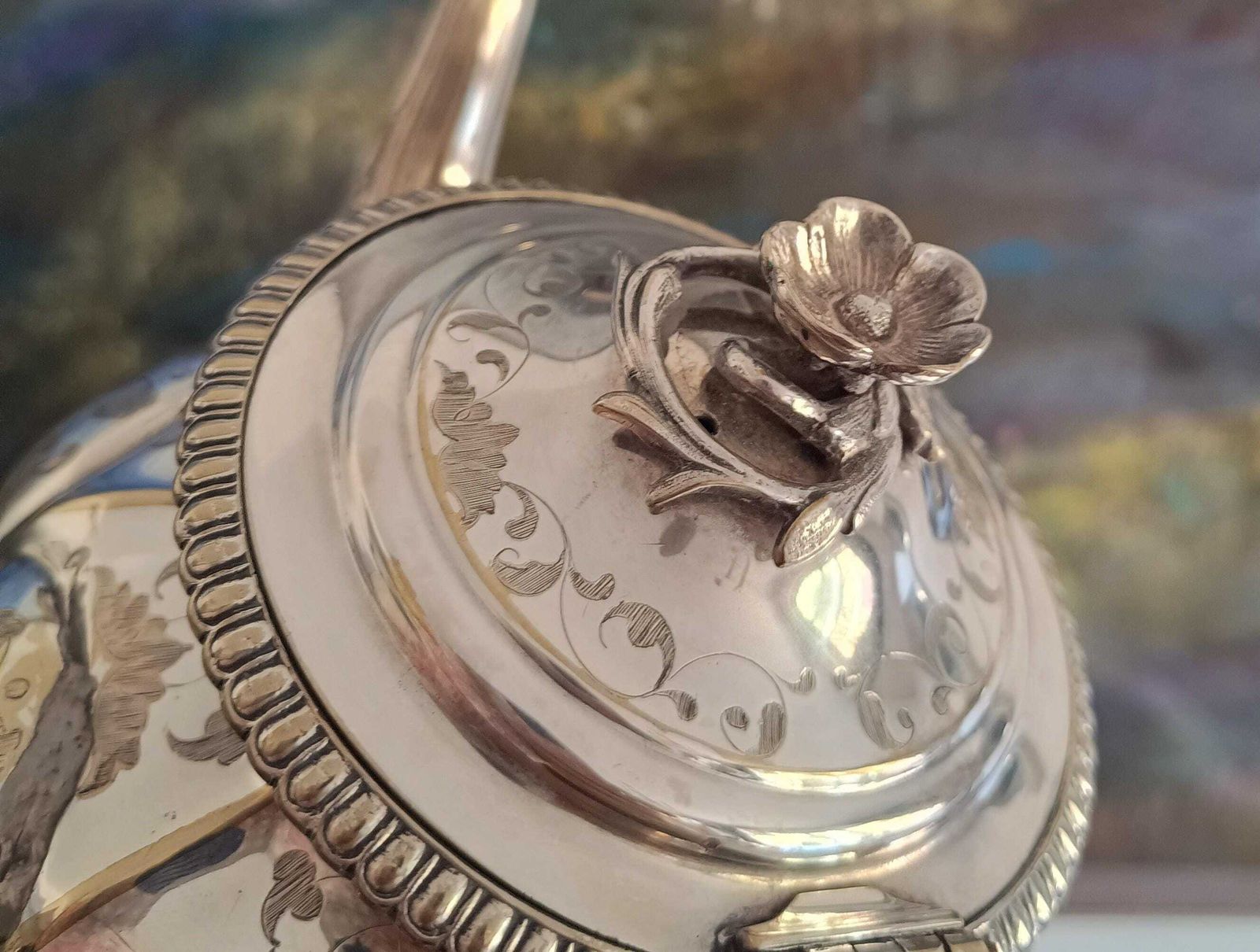 photo buy Antiek W & G Sissons verzilverd theepot en biscuit-/suikerschaal, meloenmodel met fazantenwapen