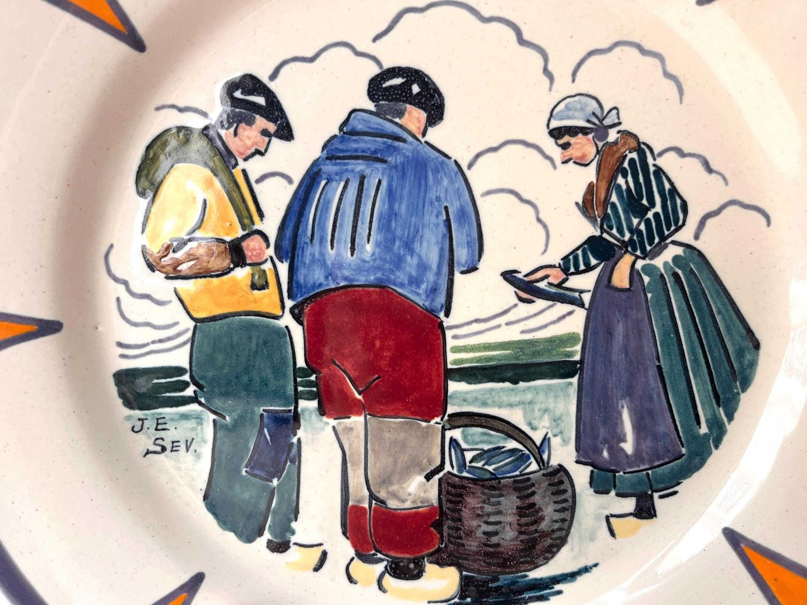 Antique Henriot Quimper Plate By Jim Eugène Sevellec, Brittany Fisherman Pottery, Art Deco Dish photo furniture