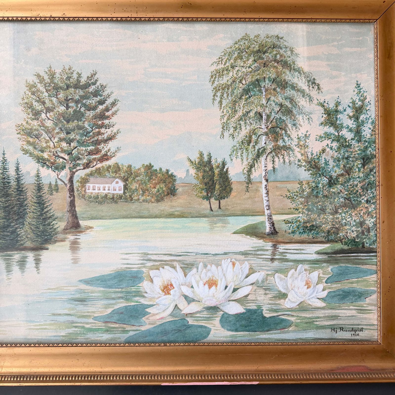White Water Lilies, 1910. Groot antiek aquarel van Hjalmar Rundqvist. photo furniture