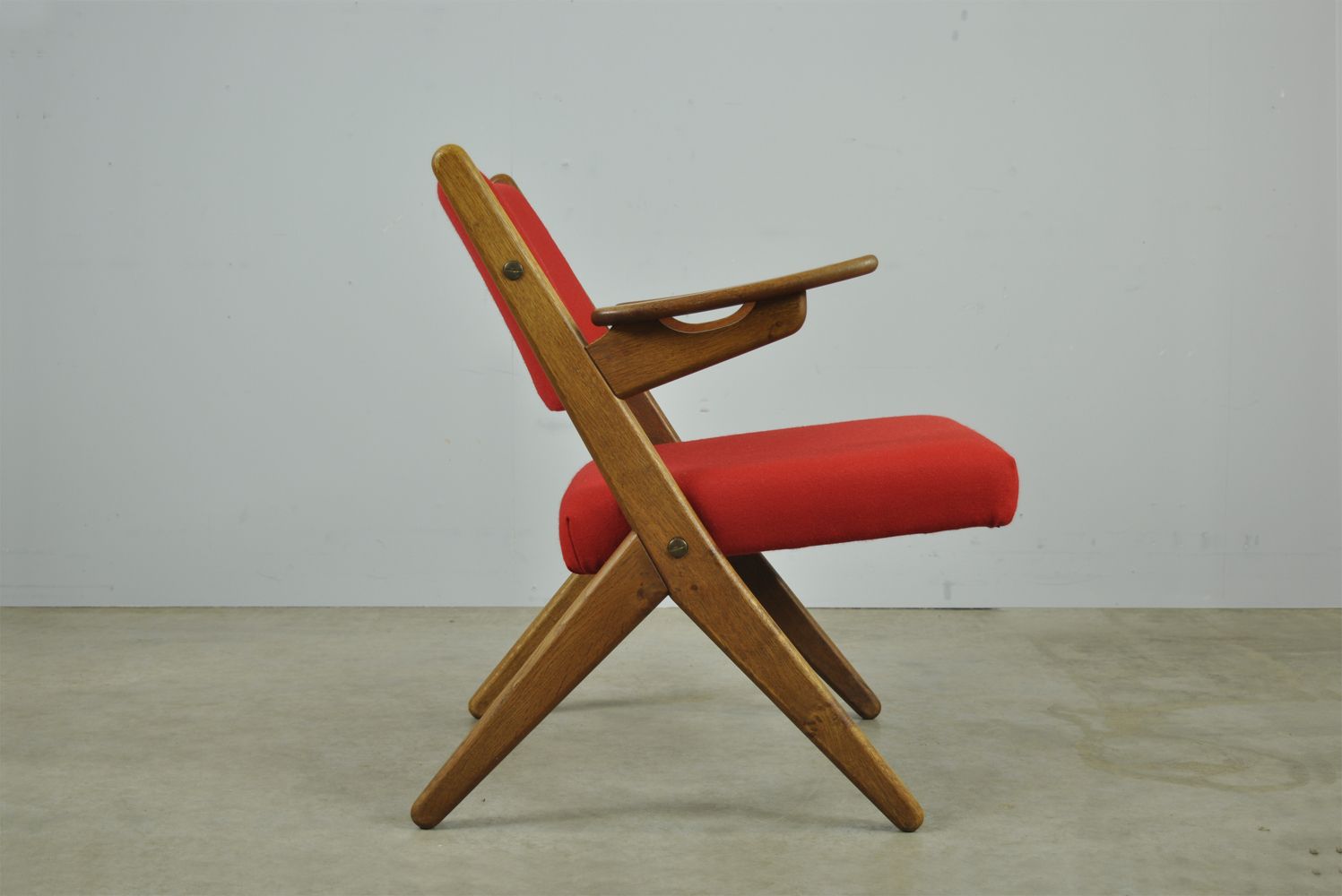 Classic Danish Vintage Scissor Armchair By Arne Hovmand Olsen In Oak, 1960s photo furniture
