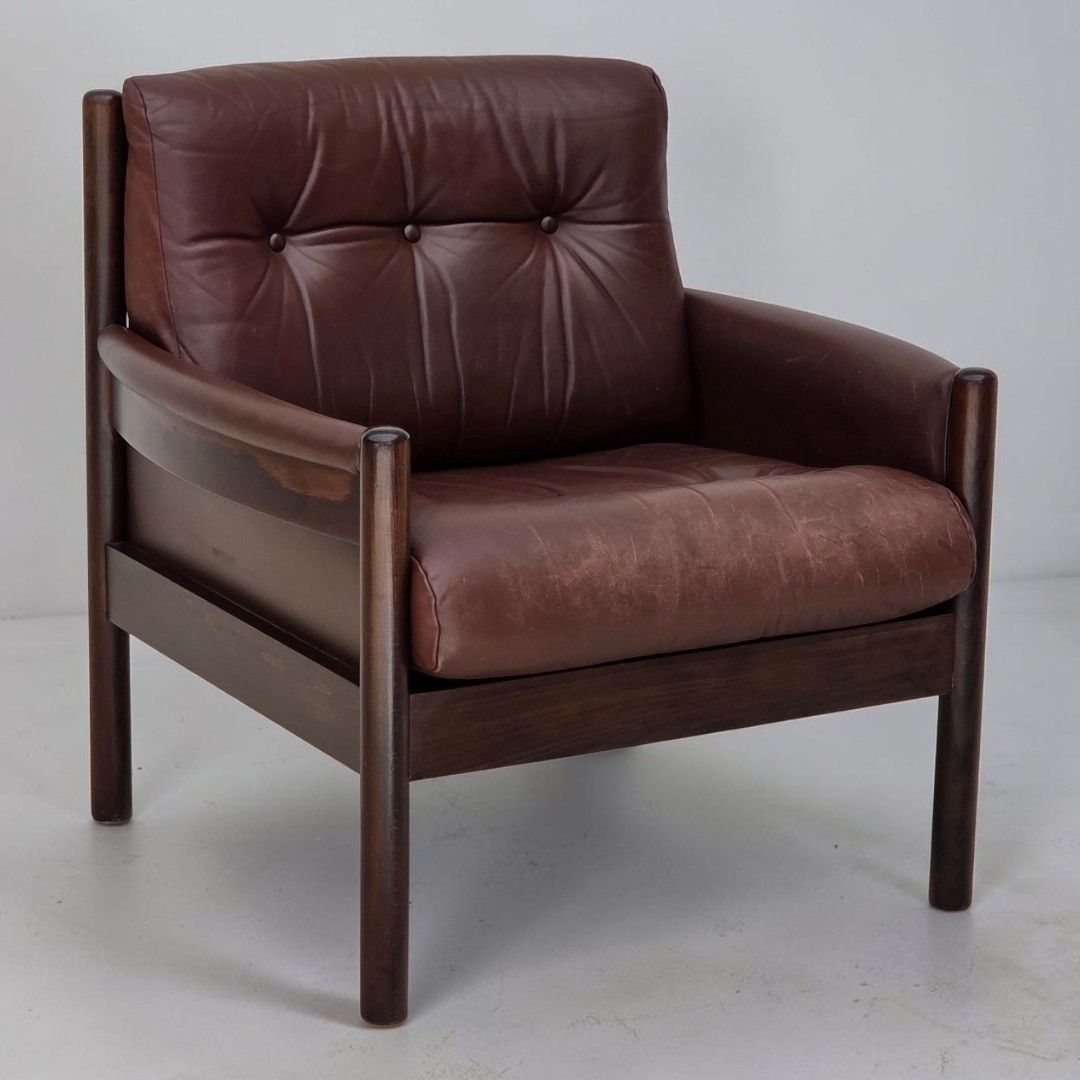 1970s, Scandinavian Armchair, Furniture Leather, Beech Wood.
