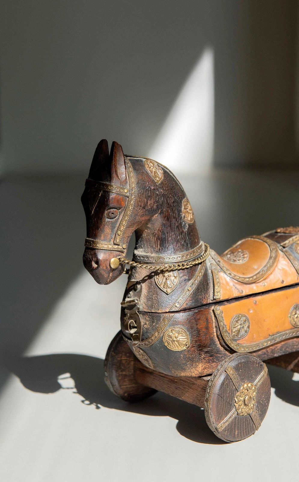 Antique Indian Wooden Horse On Wheels – Brass & Copper Decorated Horse – Folk Art Storage Box photo furniture