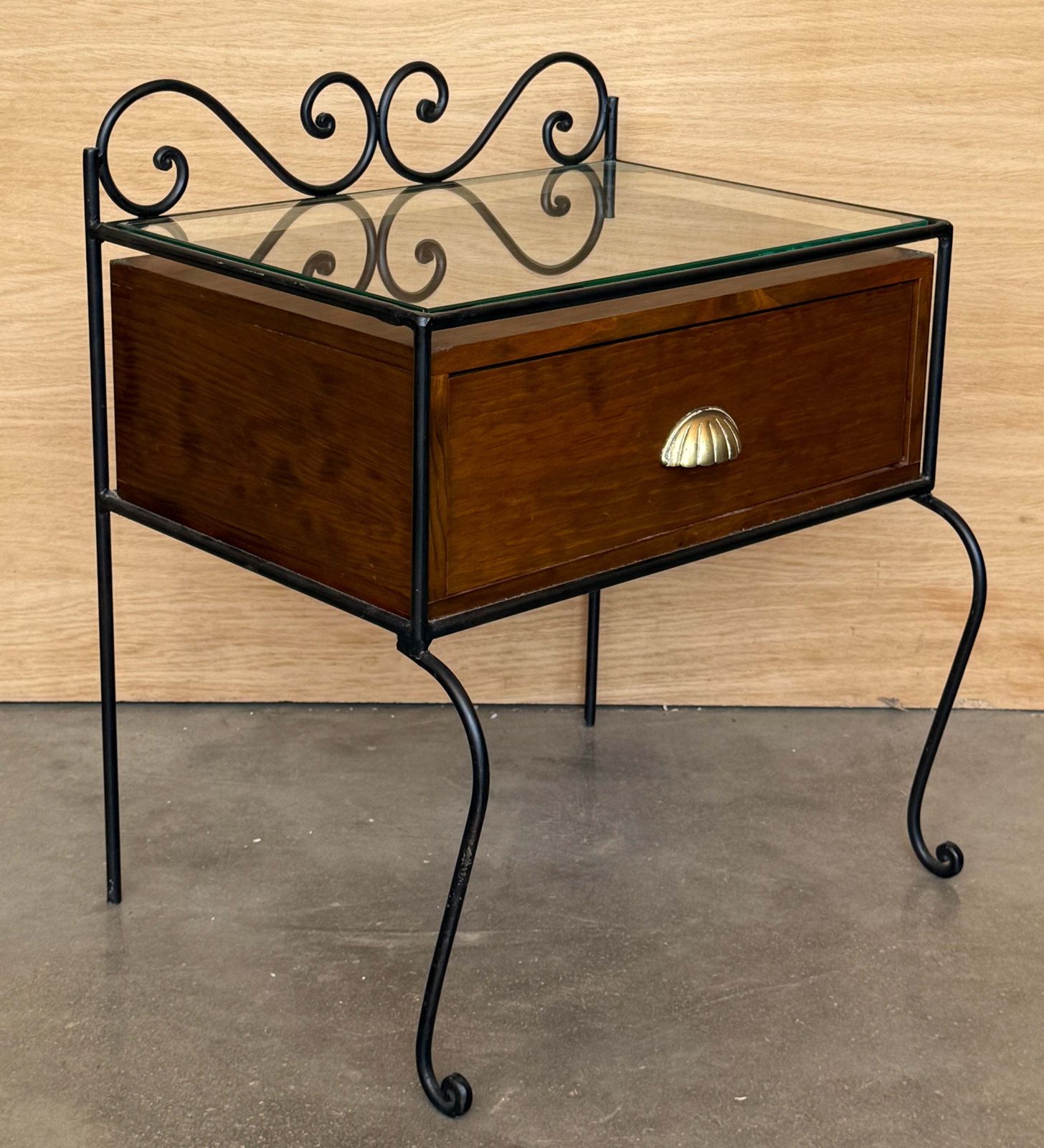 Pair Of Vintage Spanish Bedside Tables In Walnut And Wrought Iron With Brass Handles photo buy