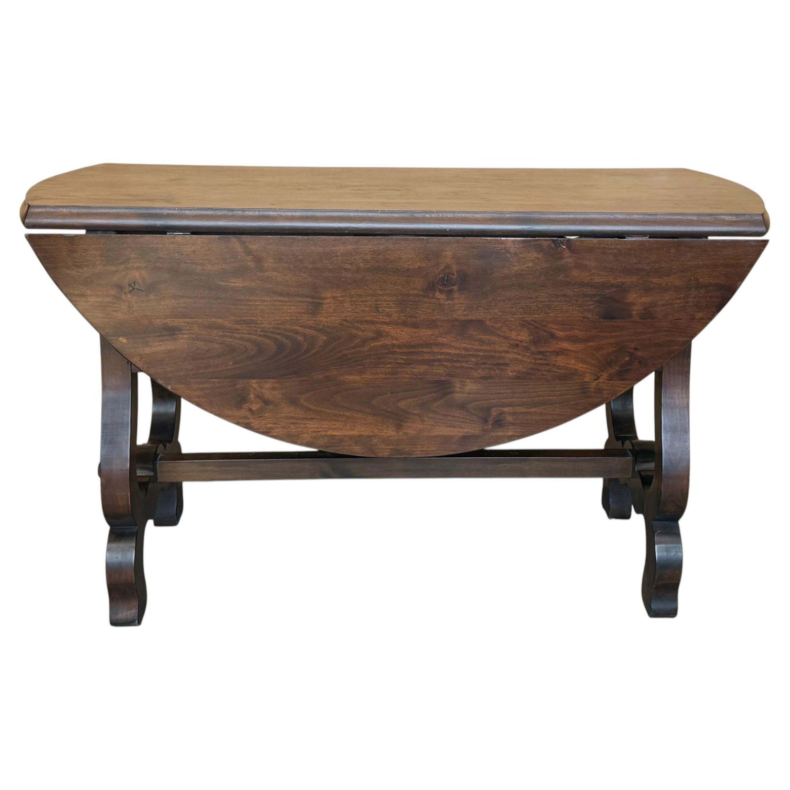 Antique Folding Console Table With Lyre Shaped Legs, Convertible Into A Round Dining Table photo for sale