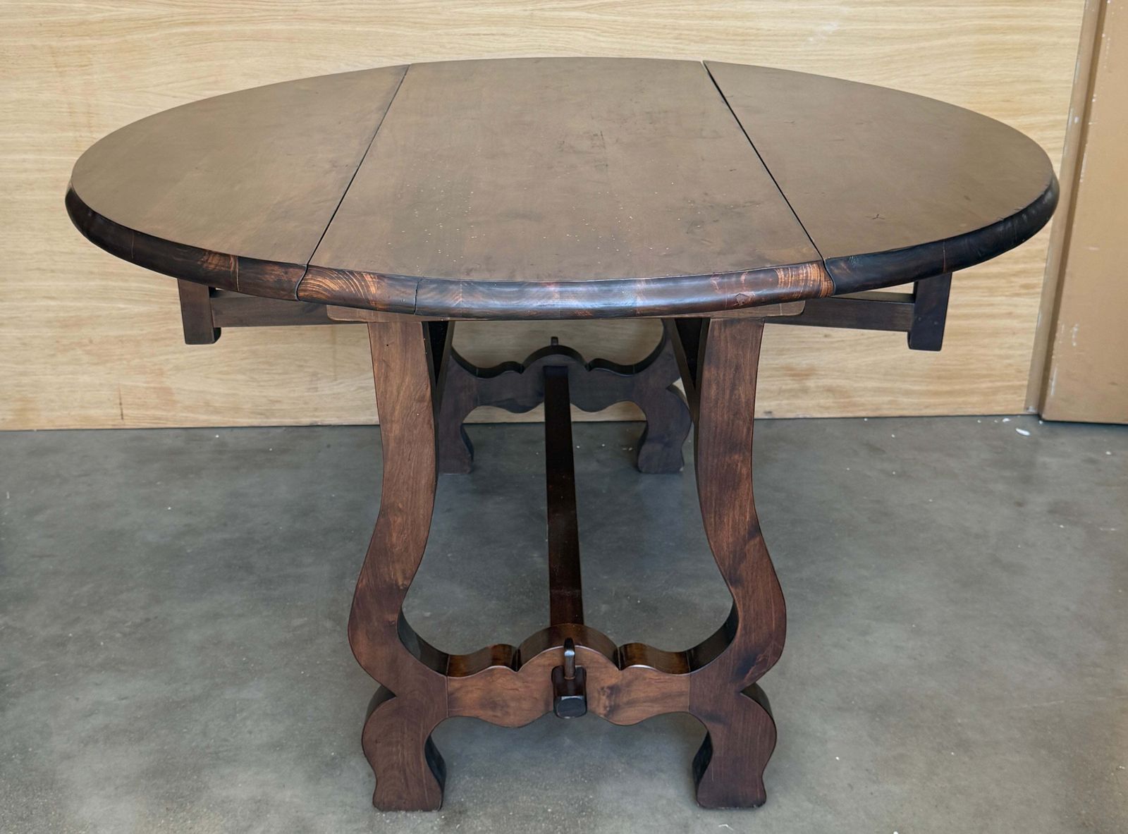 Antique Folding Console Table With Lyre Shaped Legs, Convertible Into A Round Dining Table photo vintage