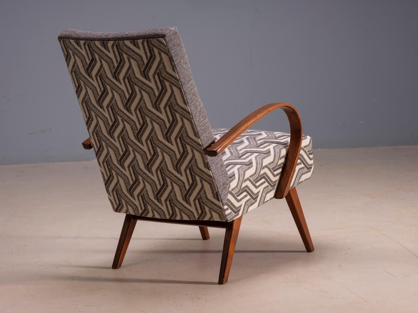 Restored Bentwood Armchairs By Jaroslav šmídek, Pair, Czechoslovakia, New Grey & Beige Upholstery, 61 × 82 × 81 Cm photo vintage