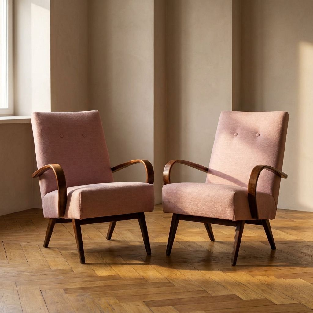 Gerestaureerde Bentwood fauteuils van Jaroslav Šmídek, paar, Tsjecho-Slowakije, nieuwe roze bekleding, 61 × 82 × 81 cm