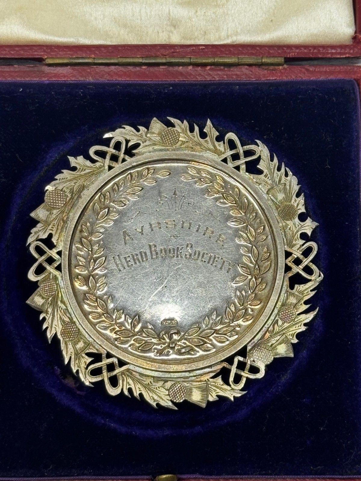 Victoriaanse Schotse zilveren landbouwprijsmedaille Ayrshire koe, kalf en stier photo vinterior