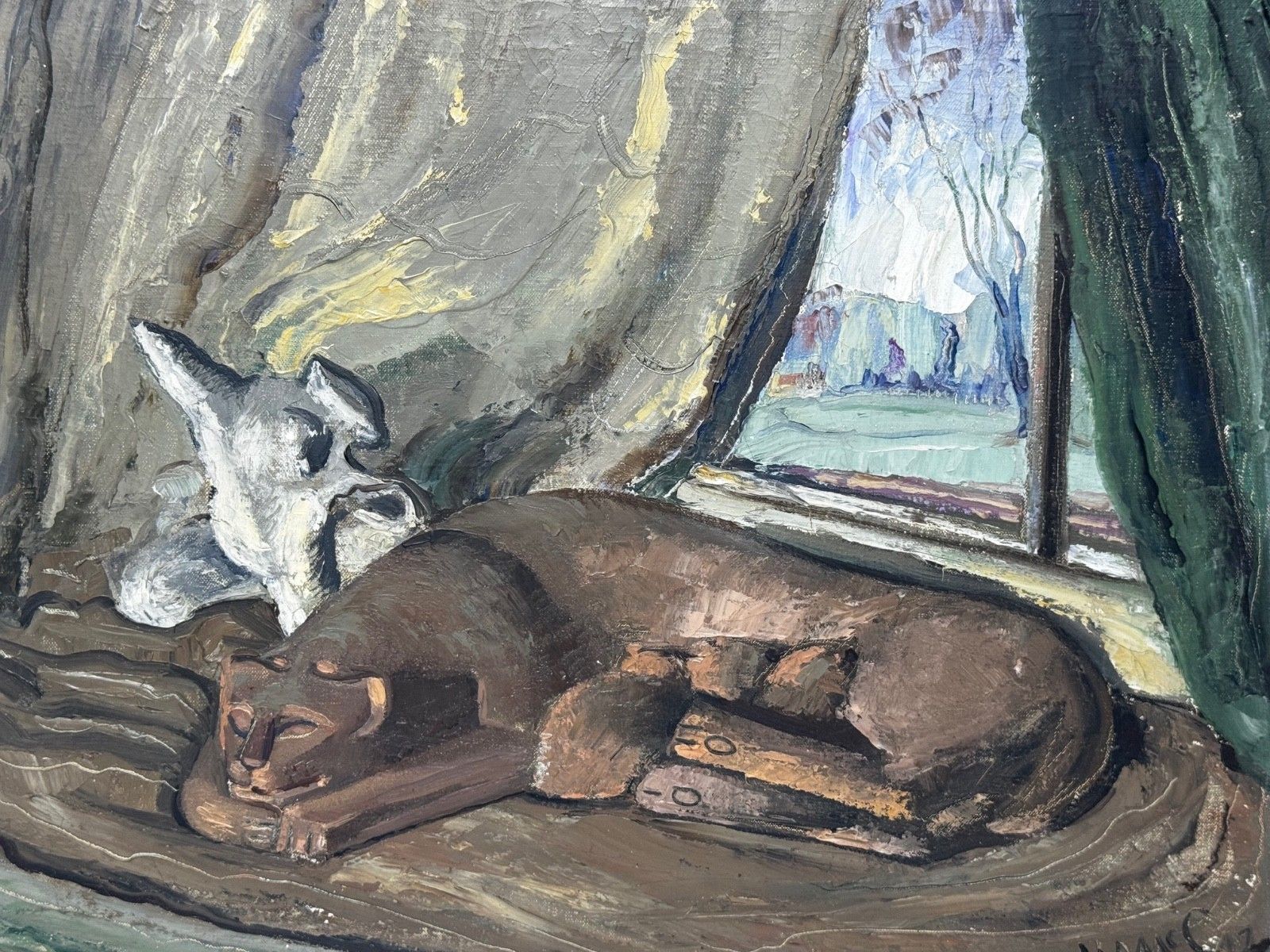 Mid-Century Schots olieverfschilderij moederkat met kittens, A Moment Of Nurture, gesigneerd William McCance photo furniture