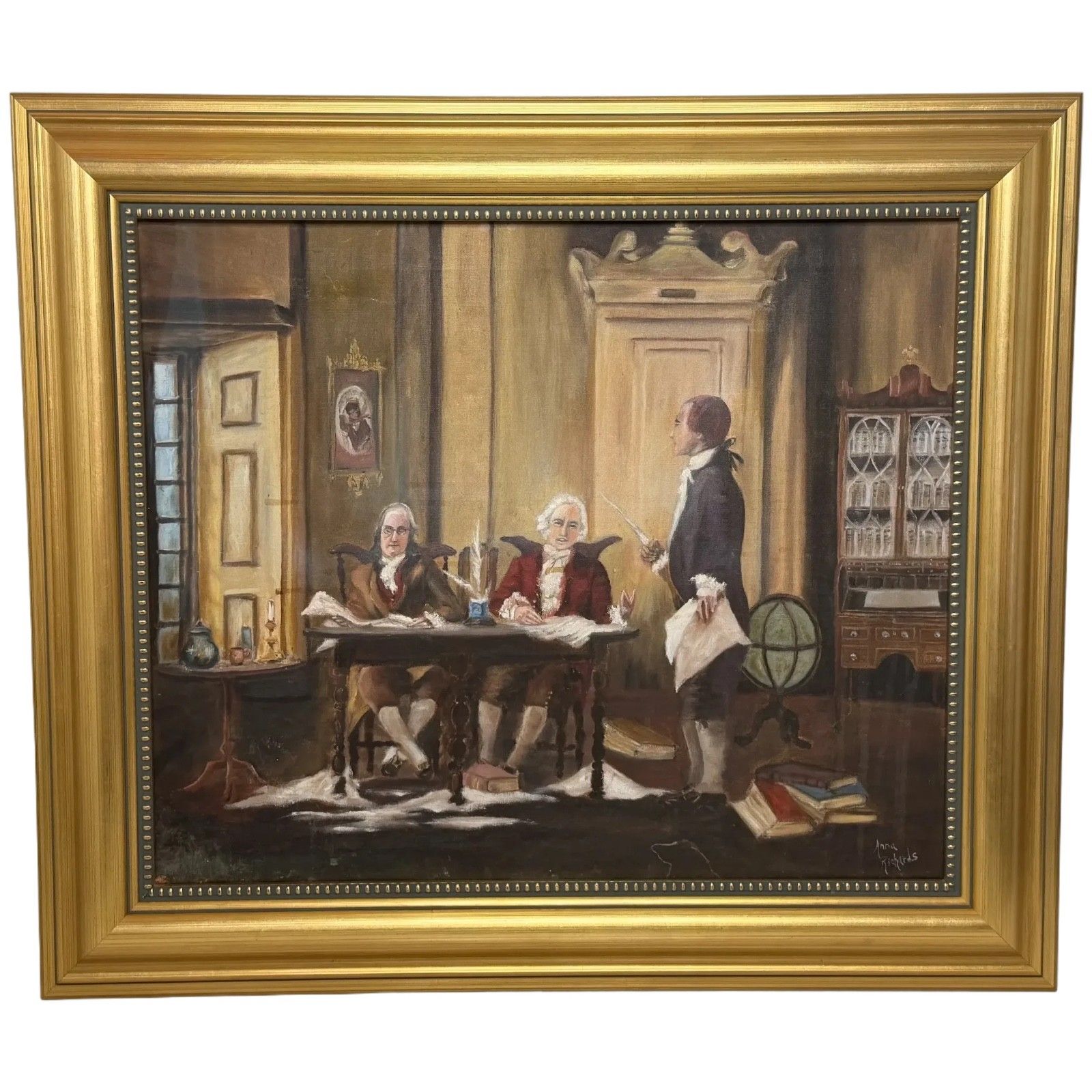 Vintage Ingelijst Schilderij Franklin, Adams & Jefferson bij het Opstellen van de Onafhankelijkheidsverklaring