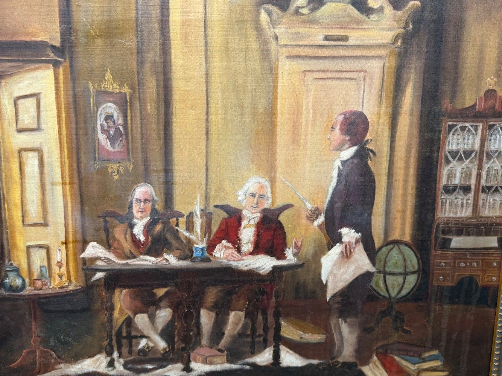 Vintage Ingelijst Schilderij Franklin, Adams & Jefferson bij het Opstellen van de Onafhankelijkheidsverklaring photo furniture