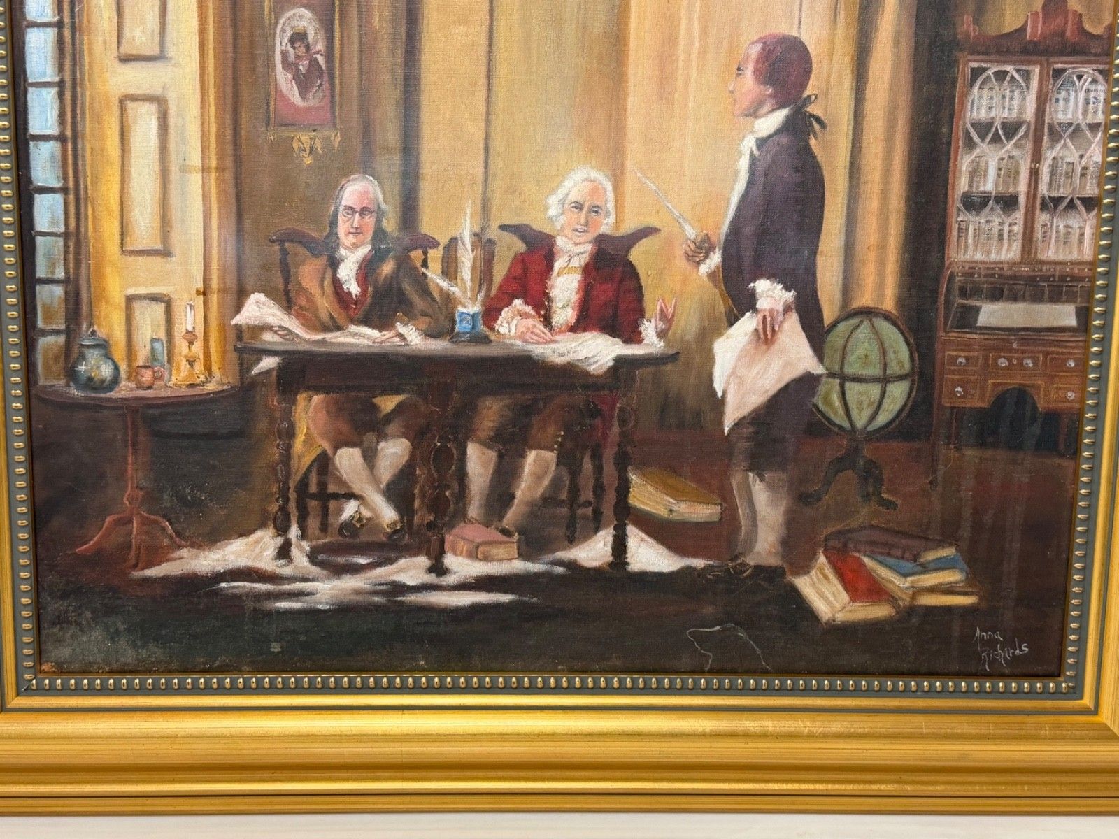 Vintage Ingelijst Schilderij Franklin, Adams & Jefferson bij het Opstellen van de Onafhankelijkheidsverklaring photo for sale