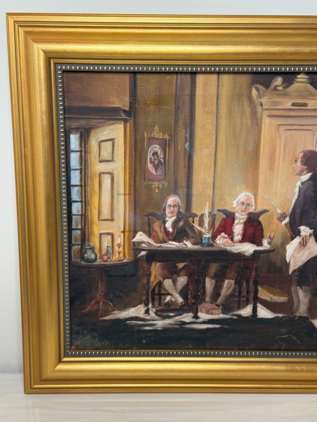 Vintage Ingelijst Schilderij Franklin, Adams & Jefferson bij het Opstellen van de Onafhankelijkheidsverklaring photo 4950.0