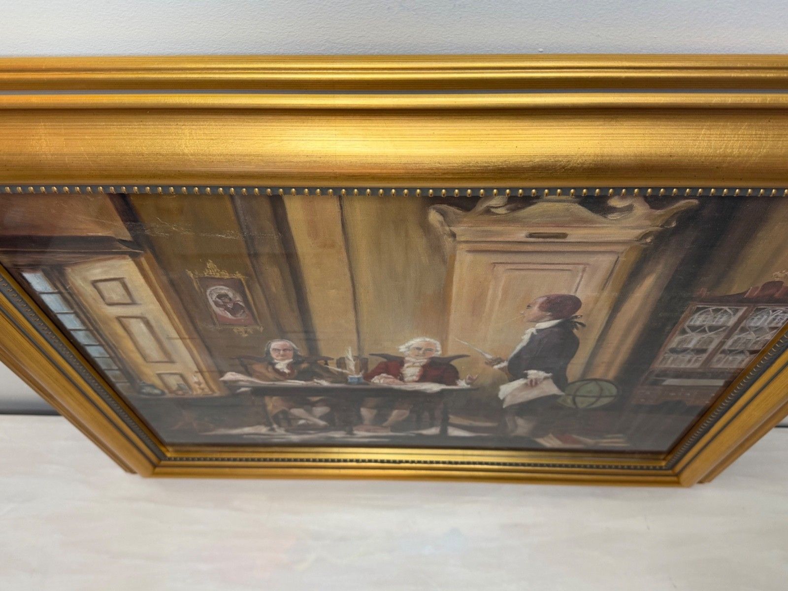 Vintage Ingelijst Schilderij Franklin, Adams & Jefferson bij het Opstellen van de Onafhankelijkheidsverklaring photo vinterior