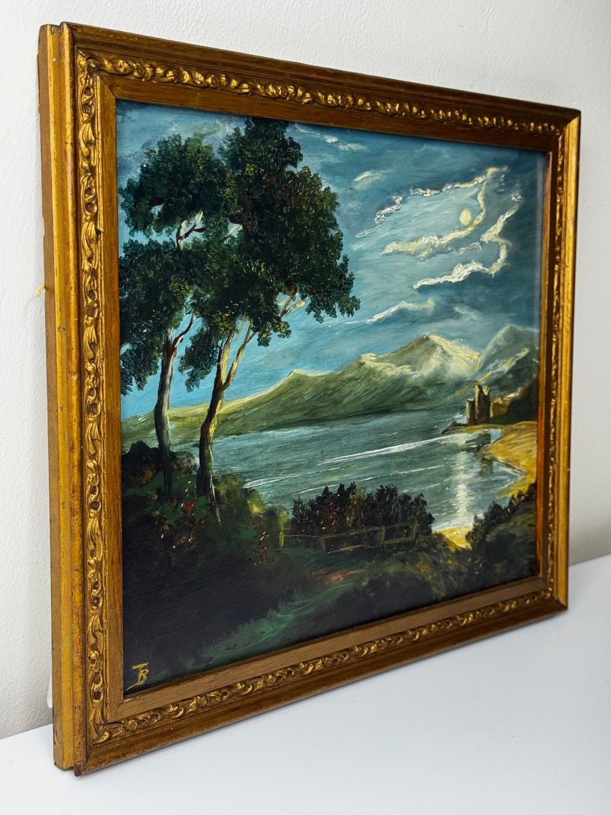Mid Century Loch Ness Nocturnal Moonlight Oil Painting Urquhart Castle Scottish Highlands photo vinterior