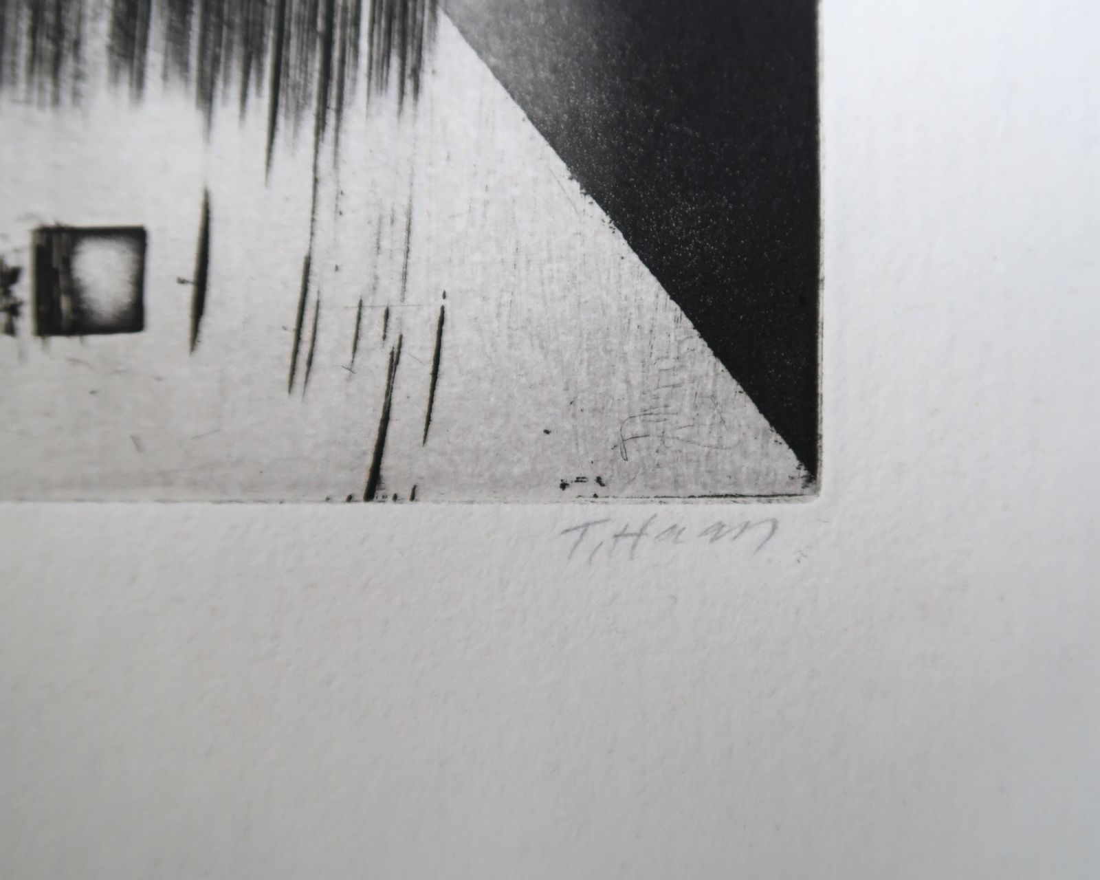 Minimalistisch abstract gravure in zwart-wit van Terry Haass, ca. jaren 1960. photo Kunst